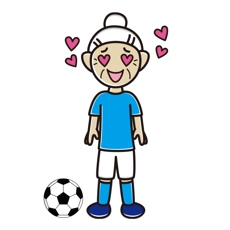 目がハートのサッカーのユニフォーム姿のおばあさんのイラスト【色あり、背景なし】透過PNG