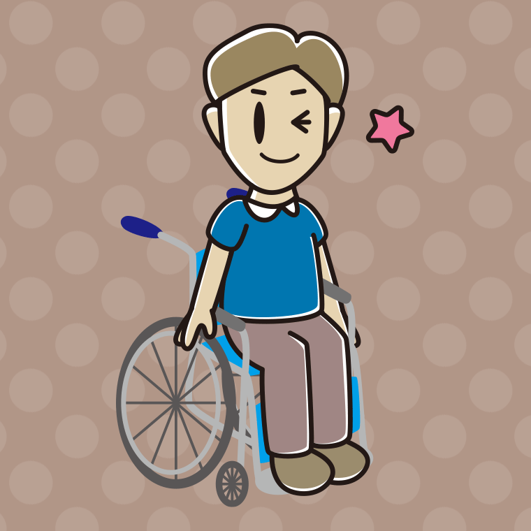 車椅子でウインクする男性のイラスト【色、背景あり】PNG