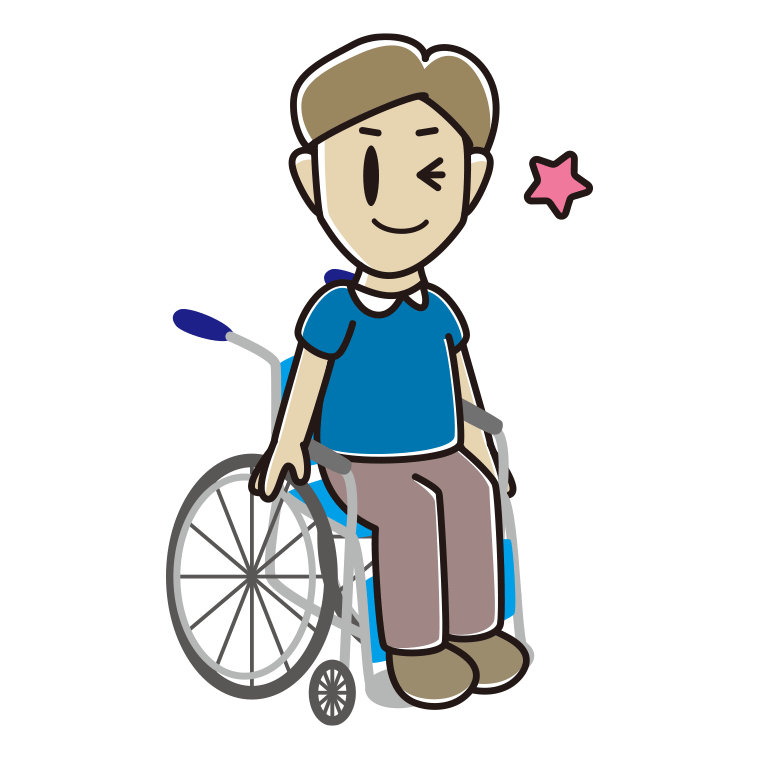 車椅子でウインクする男性のイラスト【色あり、背景なし】透過PNG