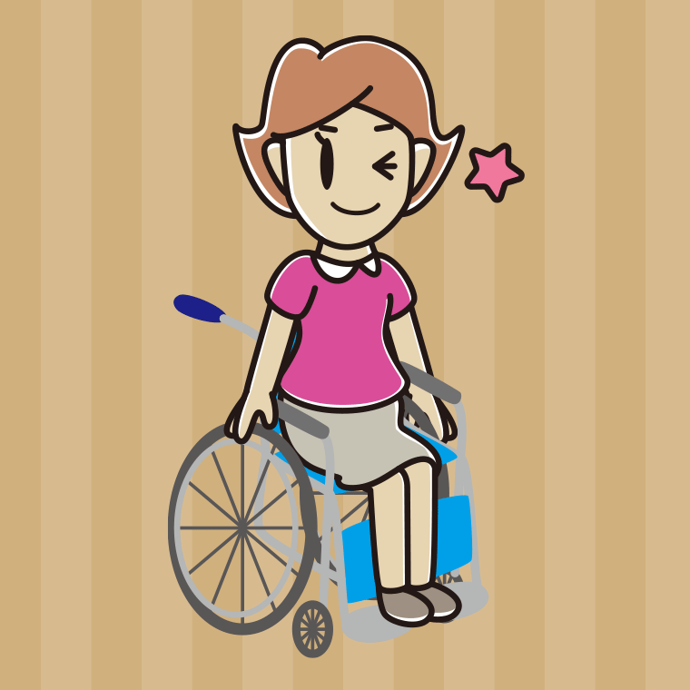 車椅子でウインクする女性のイラスト【色、背景あり】PNG