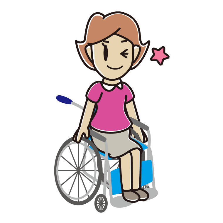 車椅子でウインクする女性のイラスト【色あり、背景なし】透過PNG