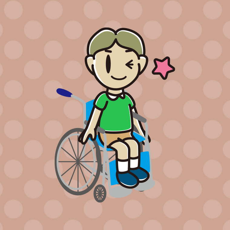 車椅子でウインクする小学生男子のイラスト【色、背景あり】PNG