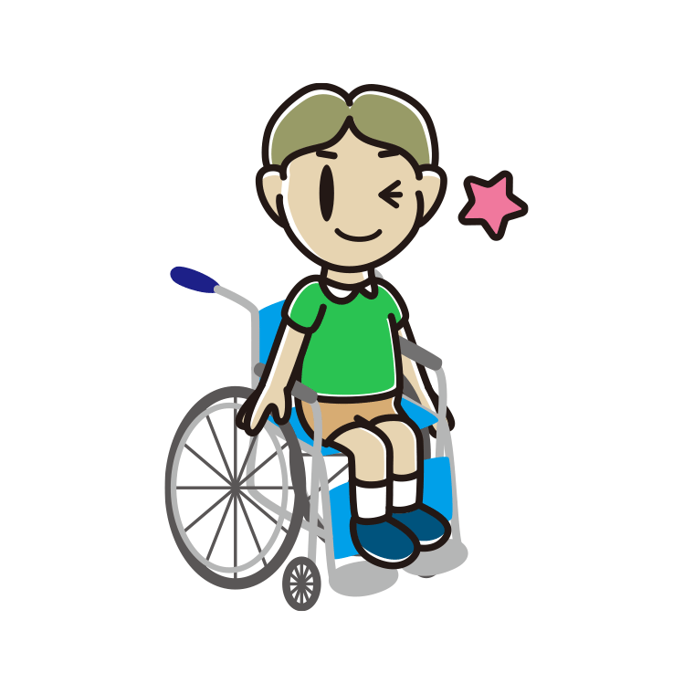 車椅子でウインクする小学生男子のイラスト【色あり、背景なし】透過PNG
