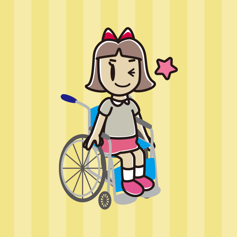 車椅子でウインクする小学生女子のイラスト【色、背景あり】PNG