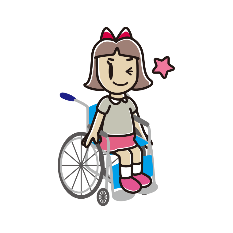車椅子でウインクする小学生女子のイラスト【色あり、背景なし】透過PNG