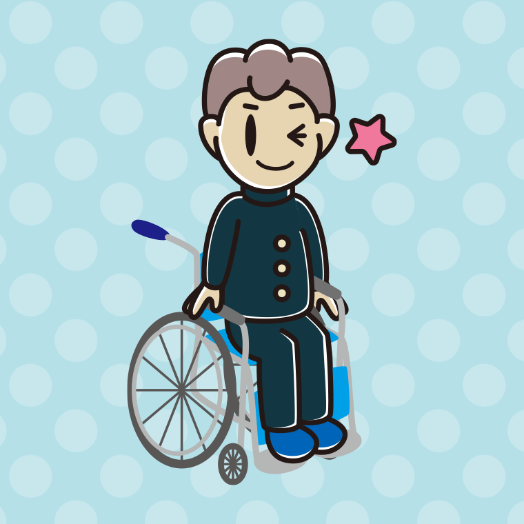 車椅子でウインクする男子中学生のイラスト【色、背景あり】PNG