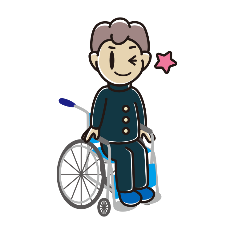 車椅子でウインクする男子中学生のイラスト【色あり、背景なし】透過PNG