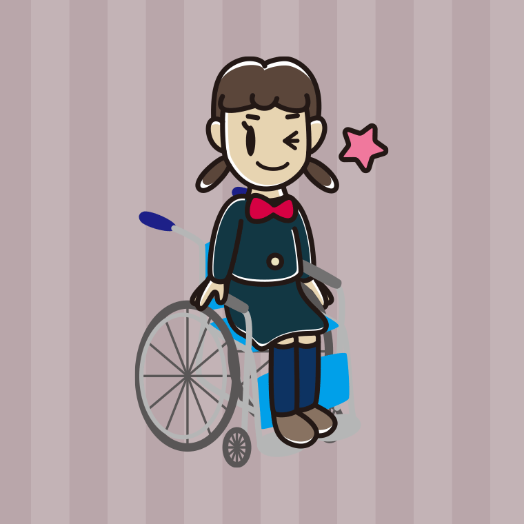 車椅子でウインクする女子中学生のイラスト【色、背景あり】PNG