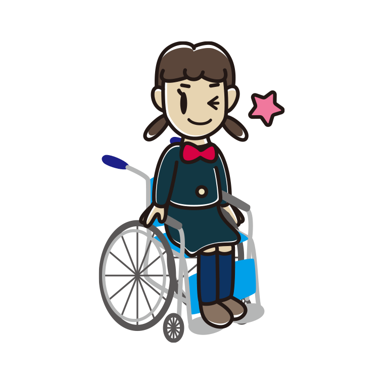 車椅子でウインクする女子中学生のイラスト【色あり、背景なし】透過PNG