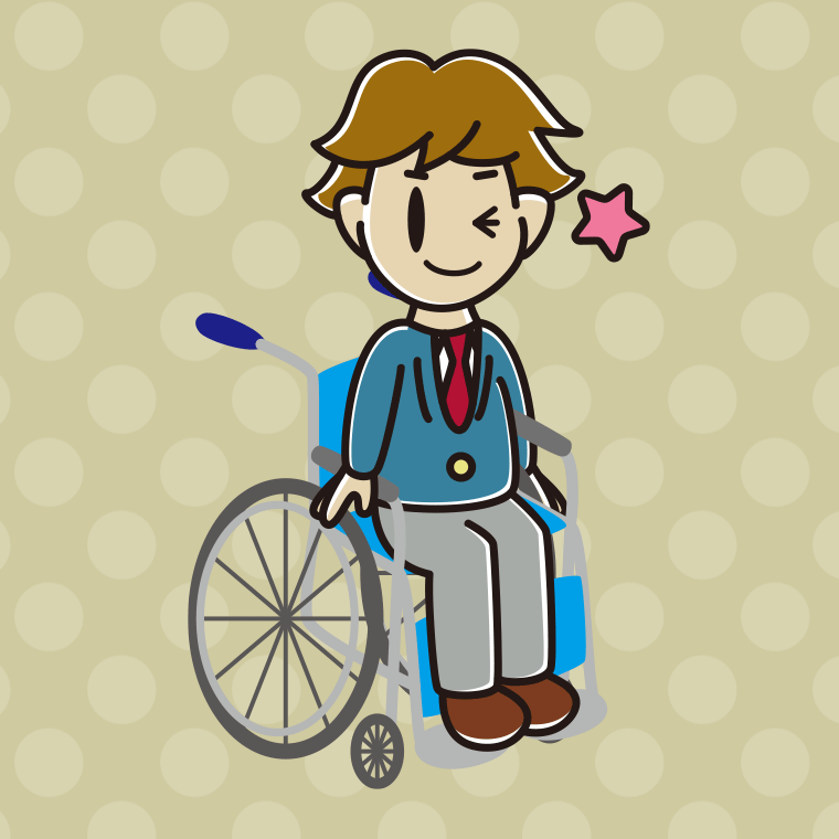 車椅子でウインクする男子高校生のイラスト【色、背景あり】PNG