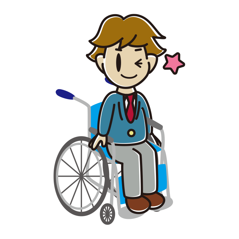 車椅子でウインクする男子高校生のイラスト【色あり、背景なし】透過PNG