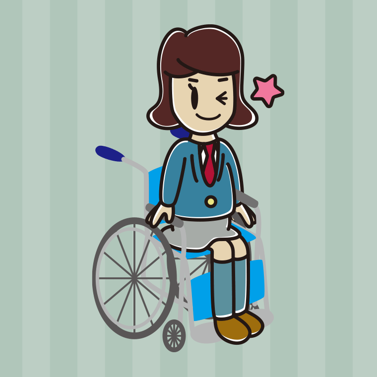 車椅子でウインクする女子高校生のイラスト【色、背景あり】PNG