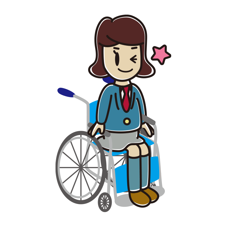 車椅子でウインクする女子高校生のイラスト【色あり、背景なし】透過PNG