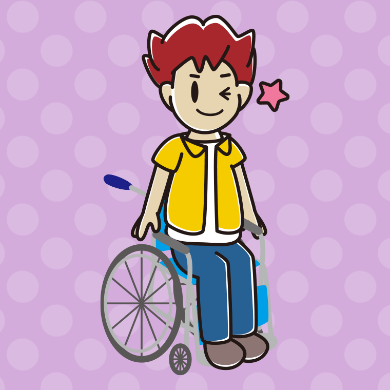 車椅子でウインクする男子大学生のイラスト【色、背景あり】PNG