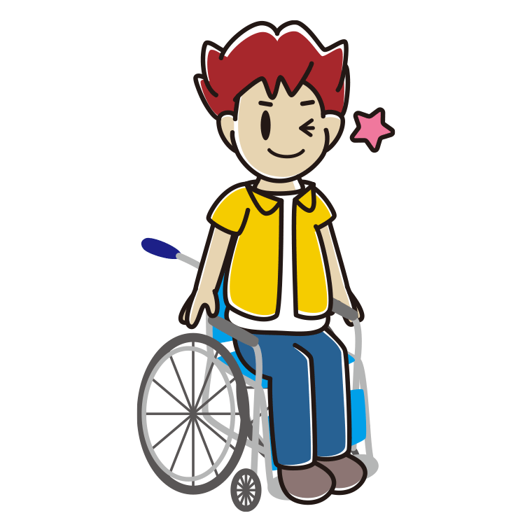 車椅子でウインクする男子大学生のイラスト【色あり、背景なし】透過PNG
