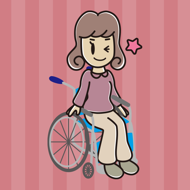 車椅子でウインクする女子大学生のイラスト【色、背景あり】PNG