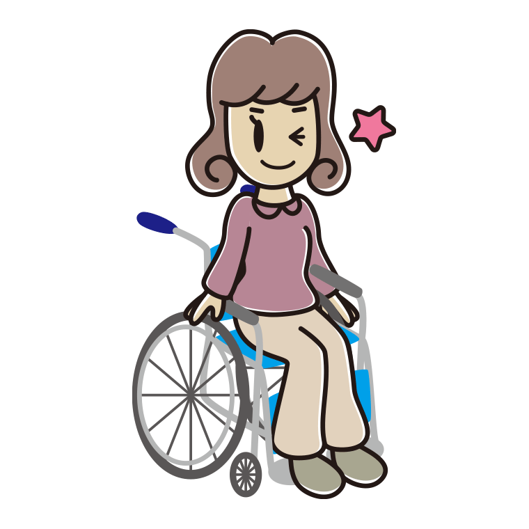 車椅子でウインクする女子大学生のイラスト【色あり、背景なし】透過PNG