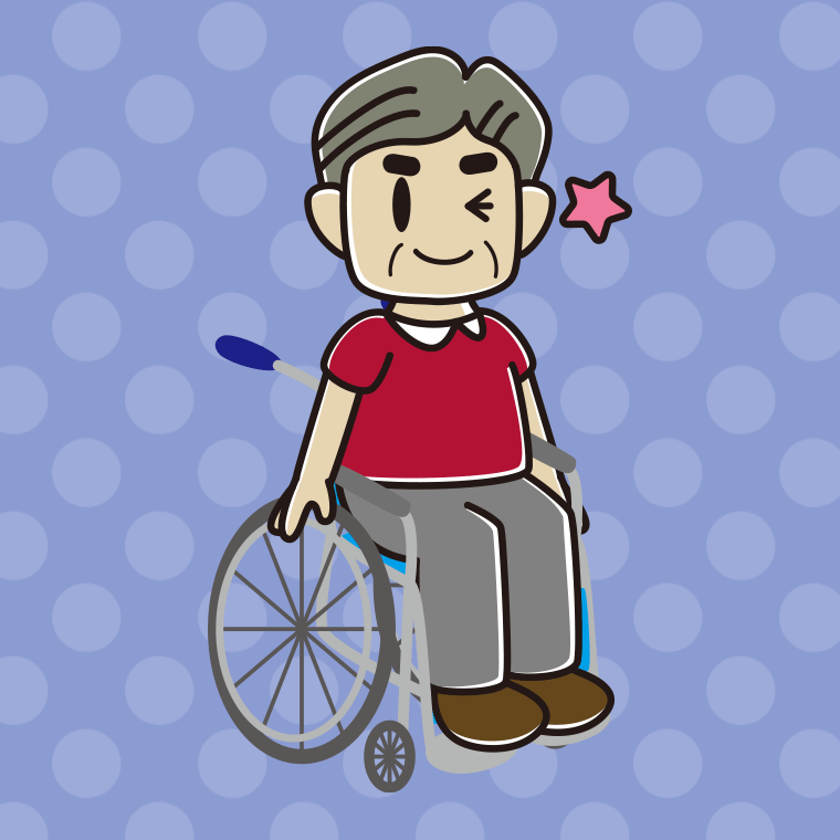 車椅子でウインクするおじさんのイラスト【色、背景あり】PNG