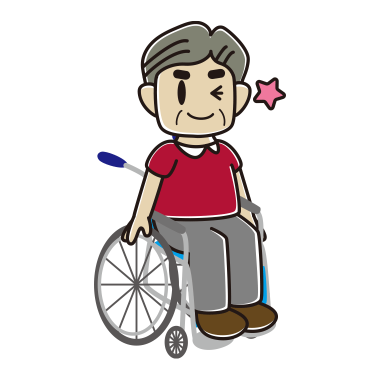 車椅子でウインクするおじさんのイラスト【色あり、背景なし】透過PNG