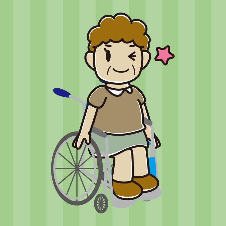 車椅子でウインクするおばさんのイラスト【色、背景あり】PNG