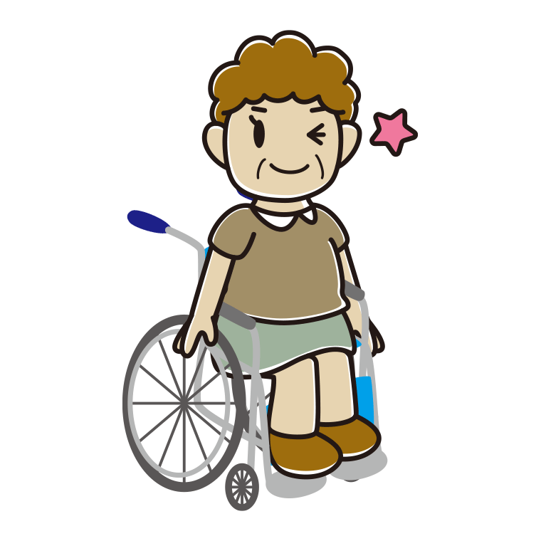 車椅子でウインクするおばさんのイラスト【色あり、背景なし】透過PNG