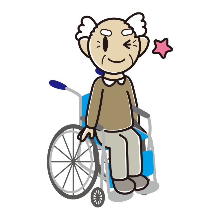 車椅子でウインクするおじいさんのイラスト【色あり、背景なし】透過PNG