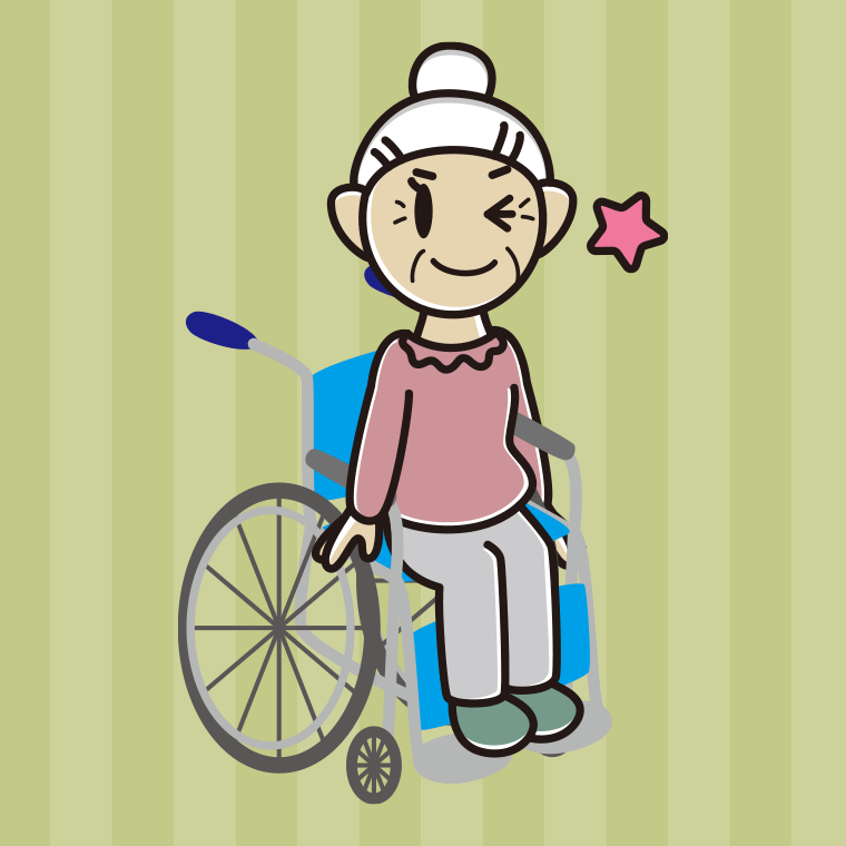 【フリー素材】車椅子でウインクするおばあさんのイラスト