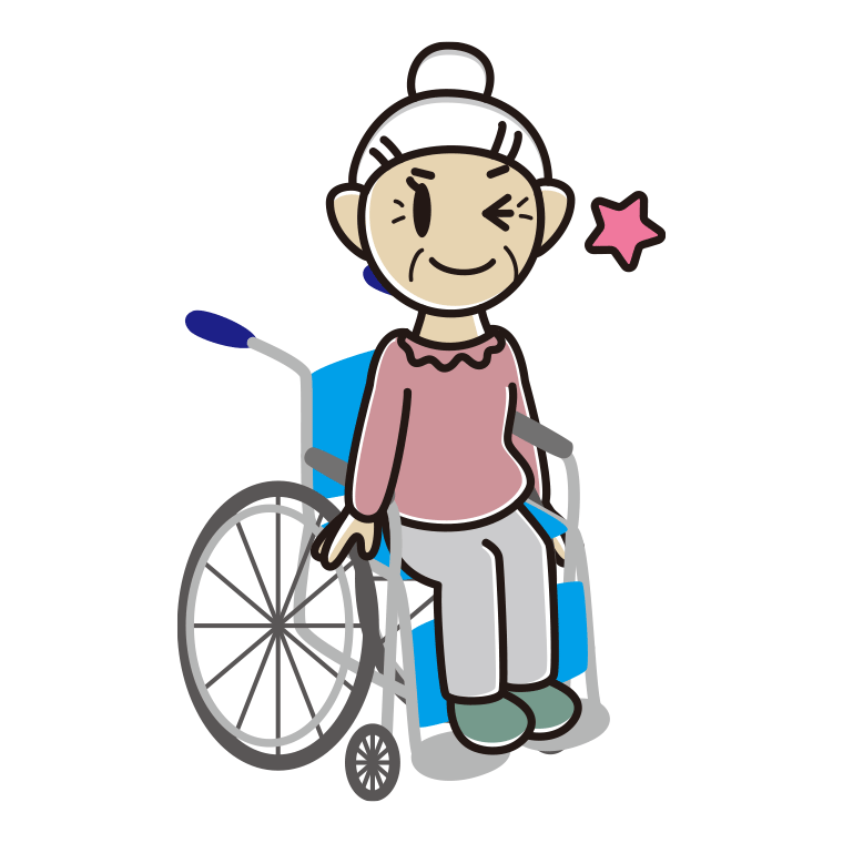 車椅子でウインクするおばあさんのイラスト【色あり、背景なし】透過PNG
