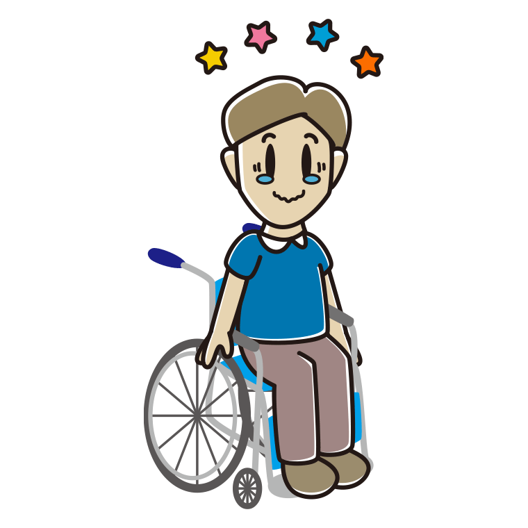 車椅子でジーンとする男性のイラスト【色あり、背景なし】透過PNG