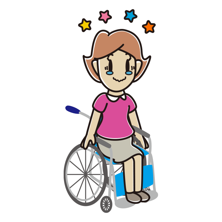 車椅子でジーンとする女性のイラスト【色あり、背景なし】透過PNG