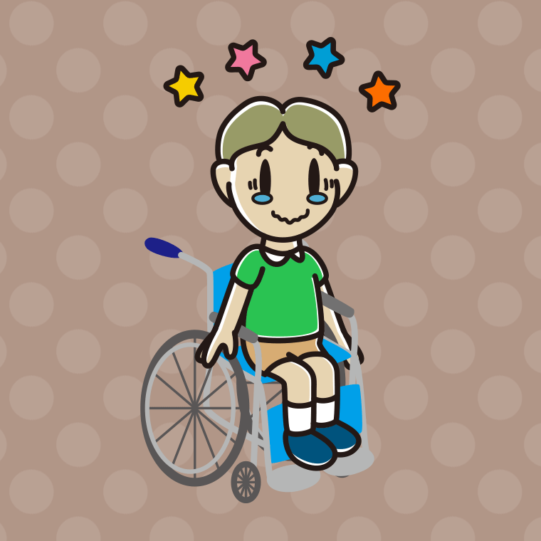 車椅子でジーンとする小学生男子のイラスト【色、背景あり】PNG