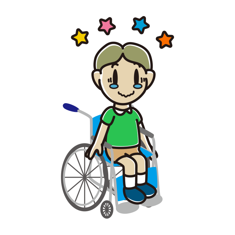 車椅子でジーンとする小学生男子のイラスト【色あり、背景なし】透過PNG