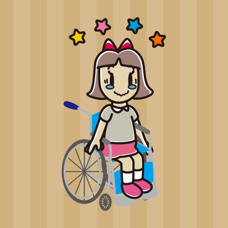 車椅子でジーンとする小学生女子のイラスト【色、背景あり】PNG