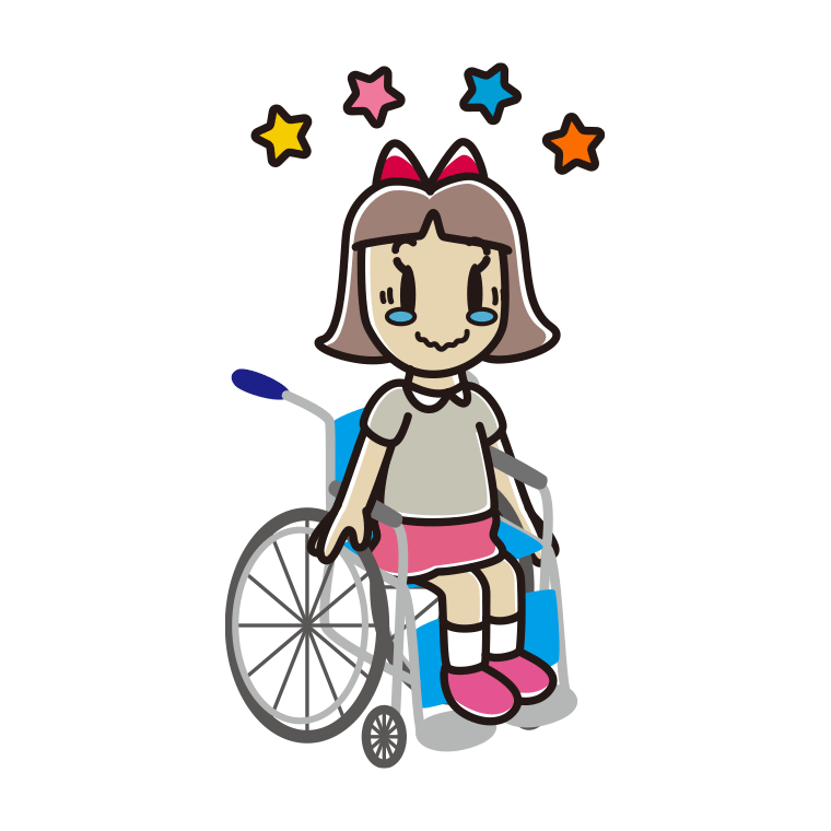 車椅子でジーンとする小学生女子のイラスト【色あり、背景なし】透過PNG