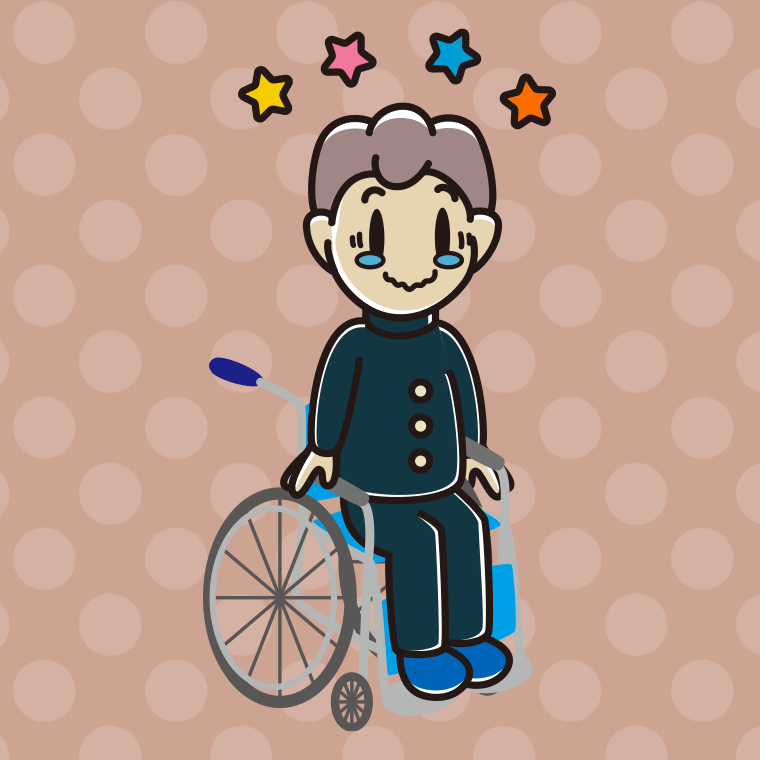 車椅子でジーンとする男子中学生のイラスト【色、背景あり】PNG