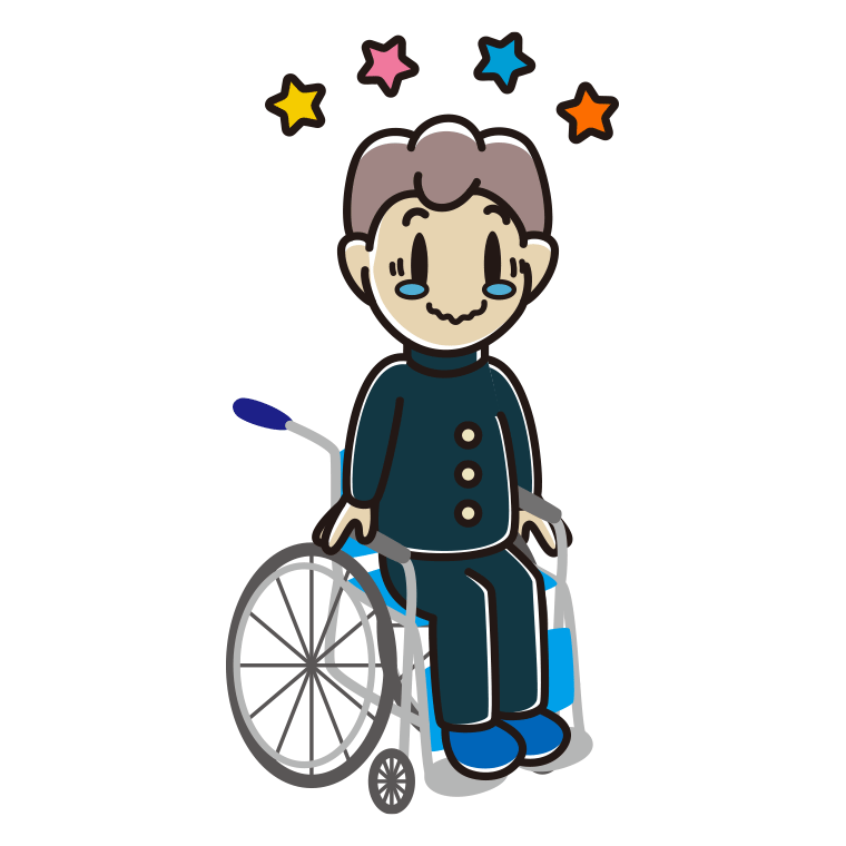 車椅子でジーンとする男子中学生のイラスト【色あり、背景なし】透過PNG