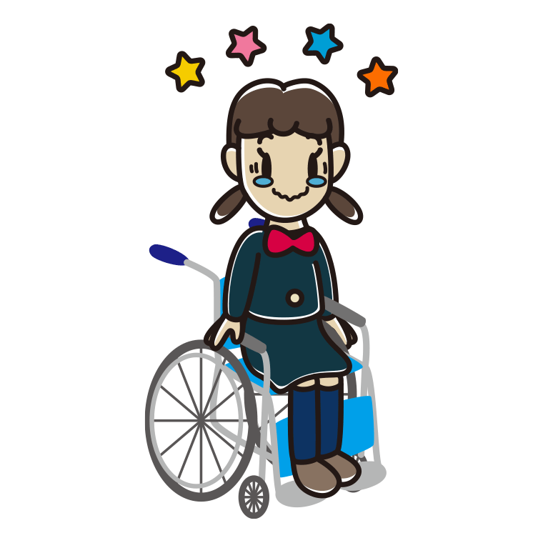 車椅子でジーンとする女子中学生のイラスト【色あり、背景なし】透過PNG