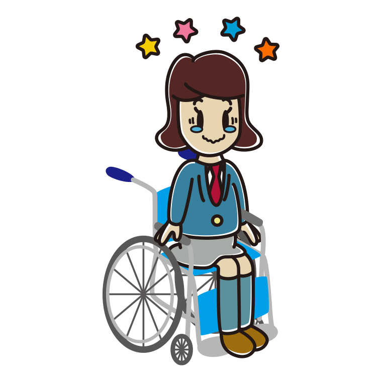 車椅子でジーンとする女子高校生のイラスト【色あり、背景なし】透過PNG