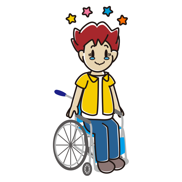 車椅子でジーンとする男子大学生のイラスト【色あり、背景なし】透過PNG