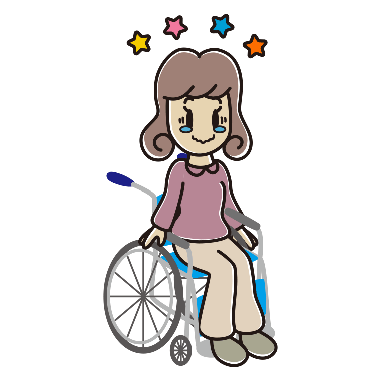 車椅子でジーンとする女子大学生のイラスト【色あり、背景なし】透過PNG
