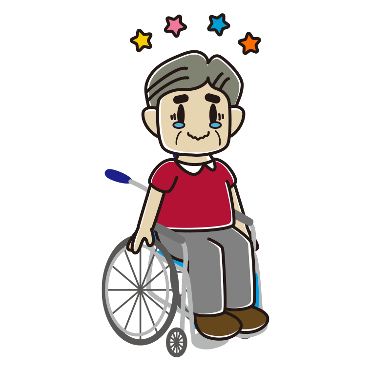 車椅子でジーンとするおじさんのイラスト【色あり、背景なし】透過PNG