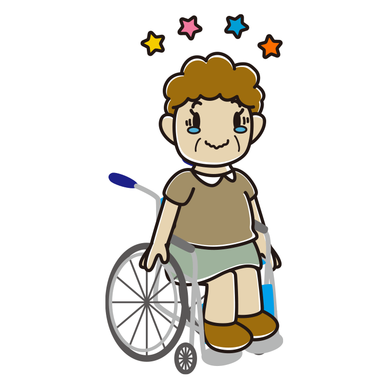車椅子でジーンとするおばさんのイラスト【色あり、背景なし】透過PNG