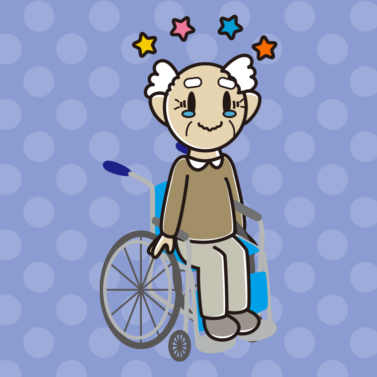 車椅子でジーンとするおじいさんのイラスト【色、背景あり】PNG