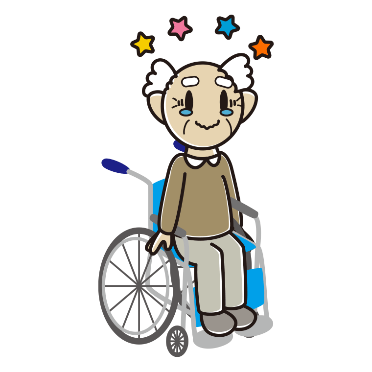 車椅子でジーンとするおじいさんのイラスト【色あり、背景なし】透過PNG