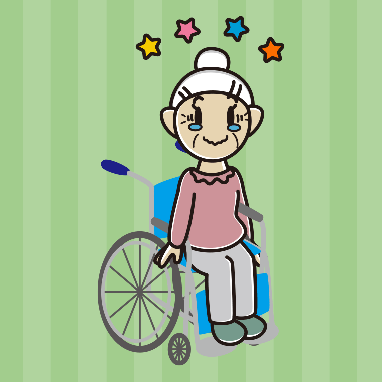 車椅子でジーンとするおばあさんのイラスト【色、背景あり】PNG