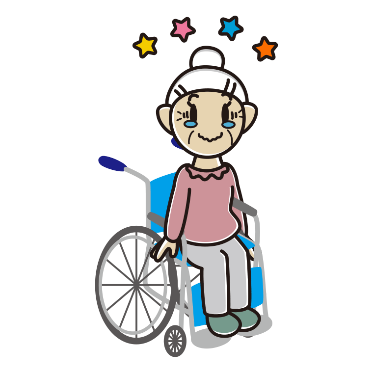 車椅子でジーンとするおばあさんのイラスト【色あり、背景なし】透過PNG