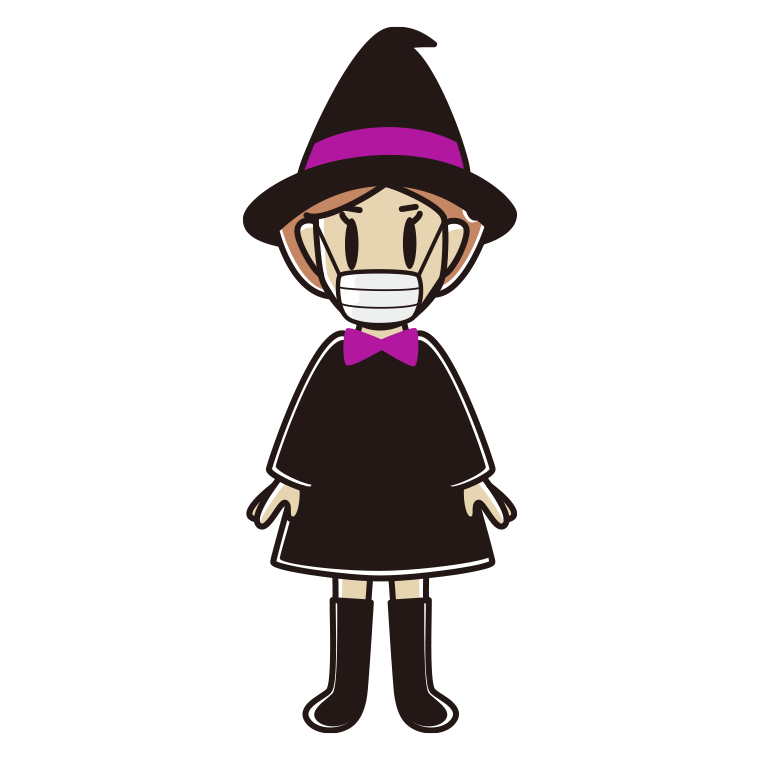 マスクをするハロウィンのコスプレ姿の女性のイラスト【色あり、背景なし】透過PNG