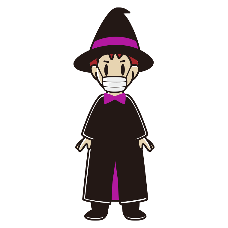 マスクをするハロウィンのコスプレ姿の男子大学生のイラスト【色あり、背景なし】透過PNG