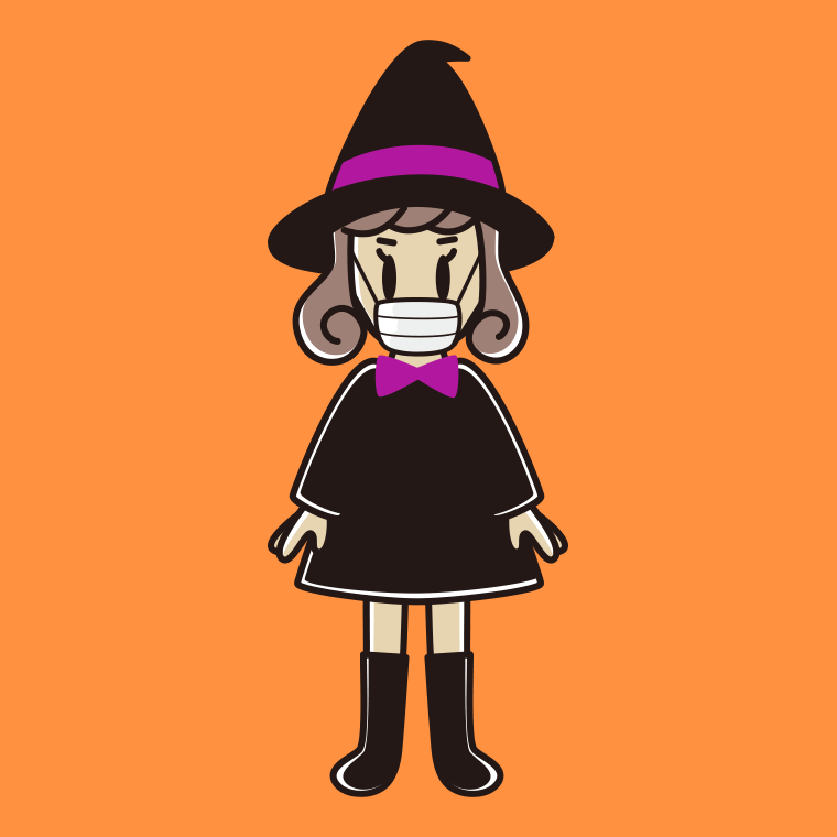マスクをするハロウィンのコスプレ姿の女子大学生のイラスト【色、背景あり】PNG