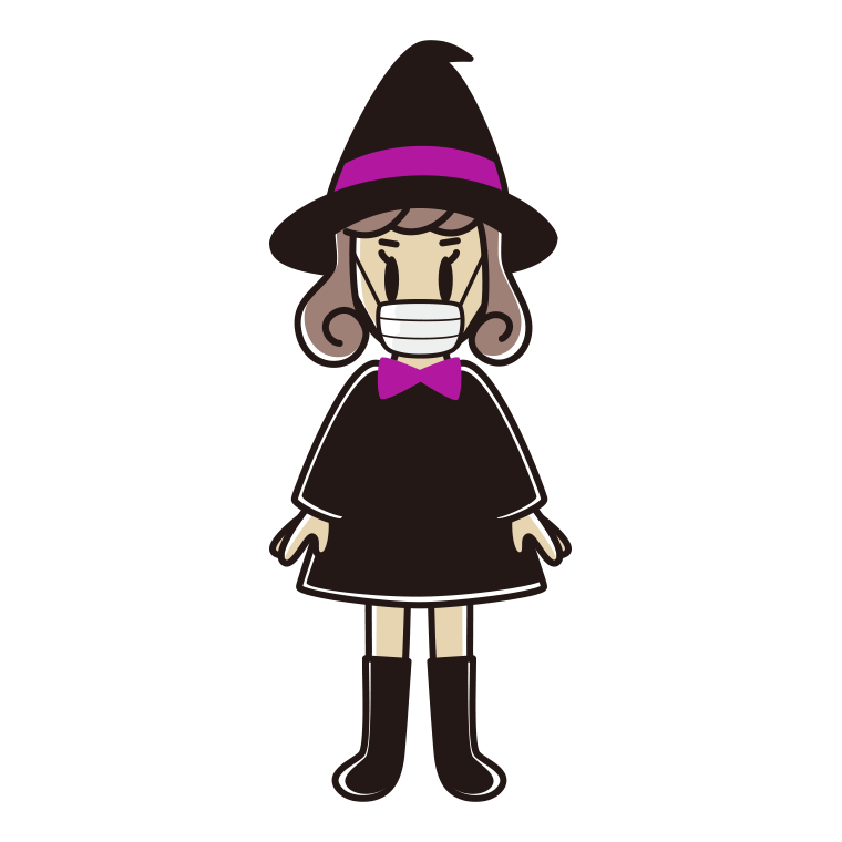 マスクをするハロウィンのコスプレ姿の女子大学生のイラスト【色あり、背景なし】透過PNG